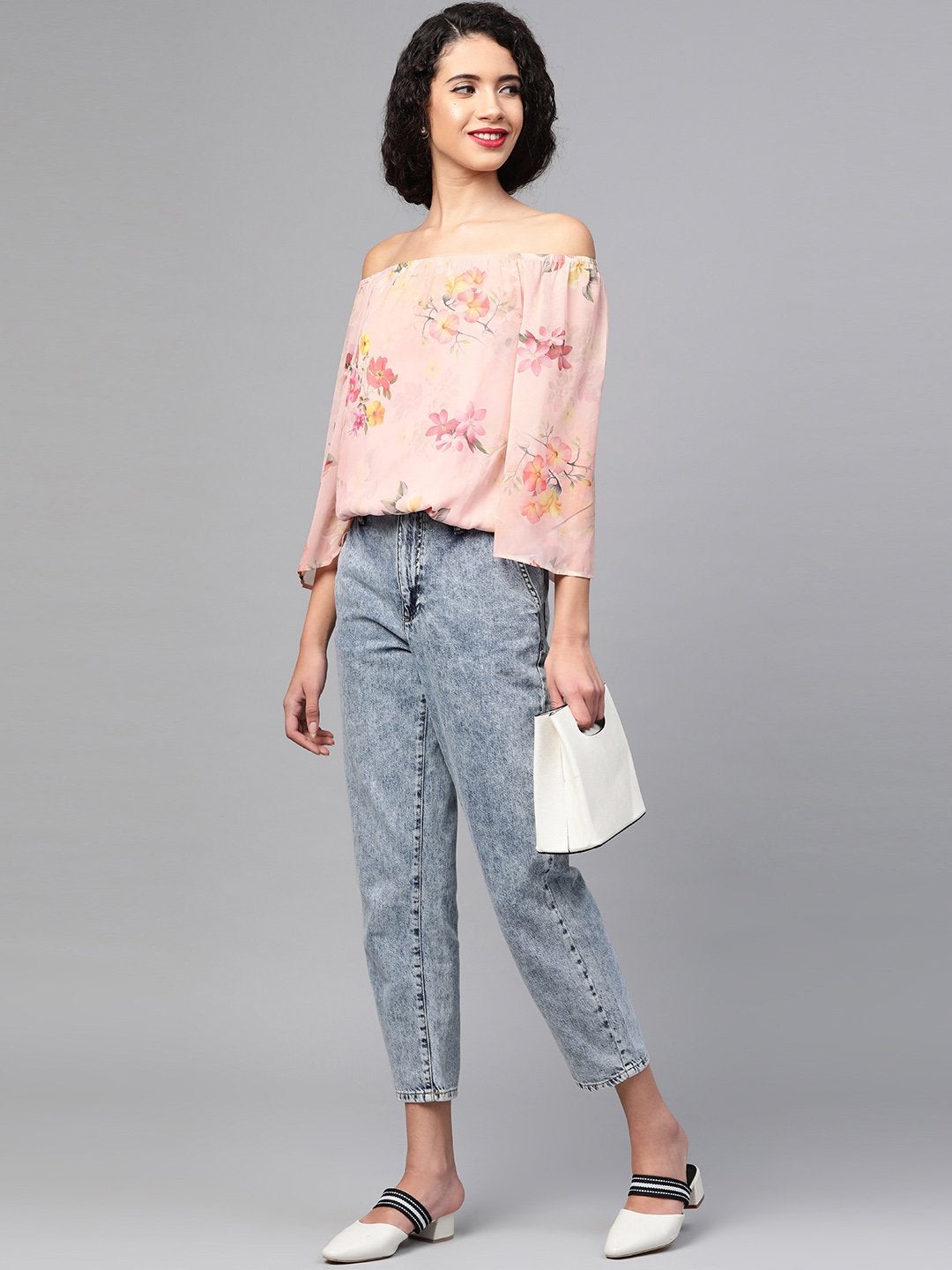 Women's Peach Floral Off Shoulder Crop Top - SASSAFRAS