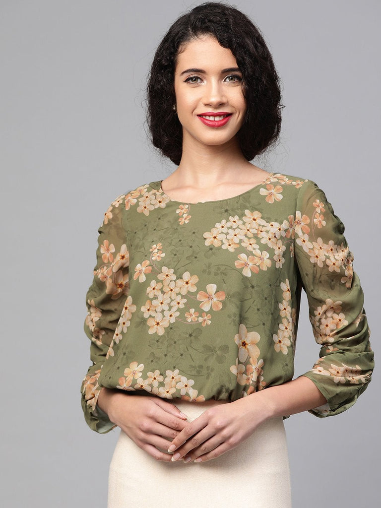 Women's Moss Green Floral Rouched Sleeves Crop Top