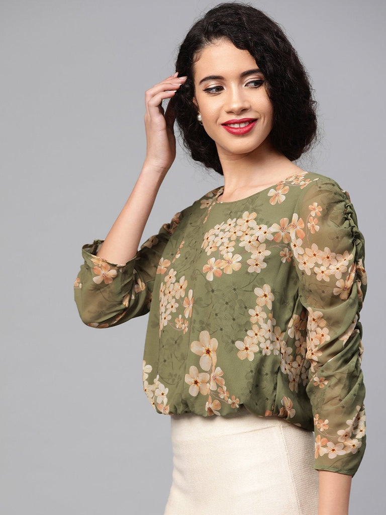 Women's Moss Green Floral Rouched Sleeves Crop Top