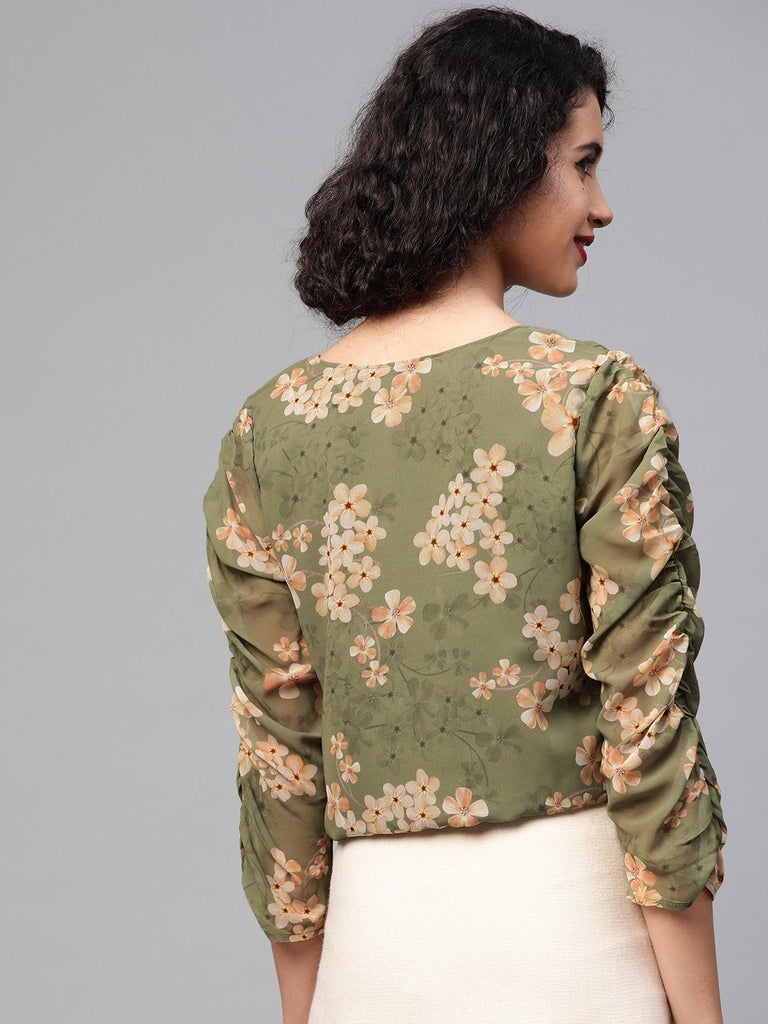 Women's Moss Green Floral Rouched Sleeves Crop Top