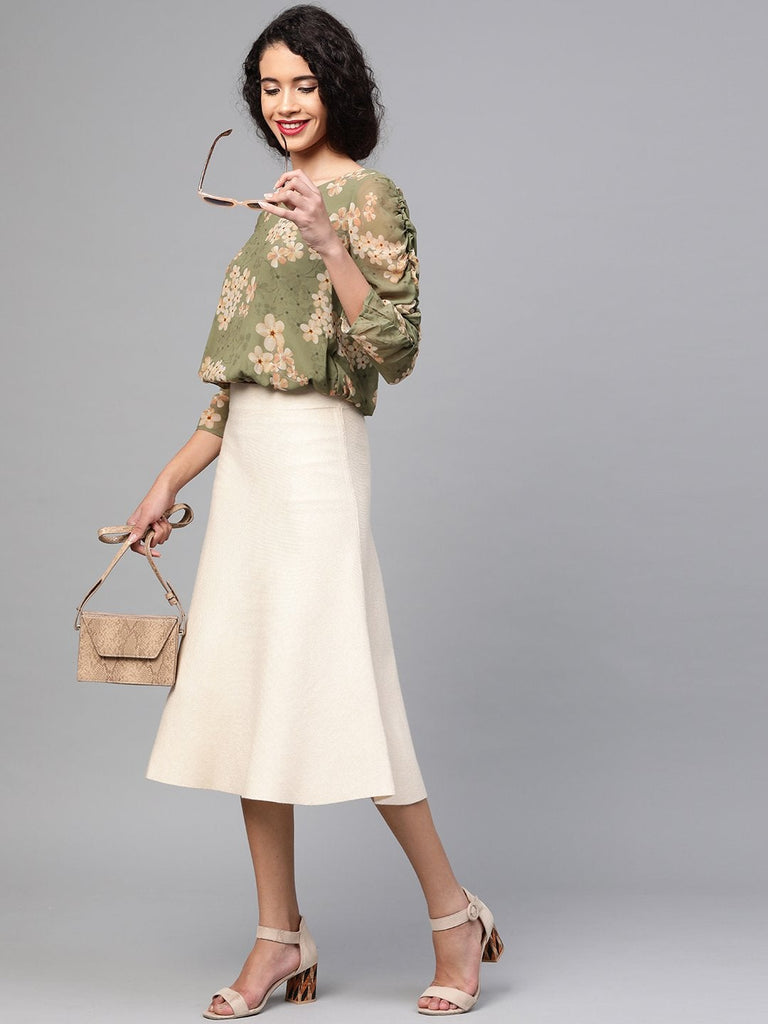 Women's Moss Green Floral Rouched Sleeves Crop Top