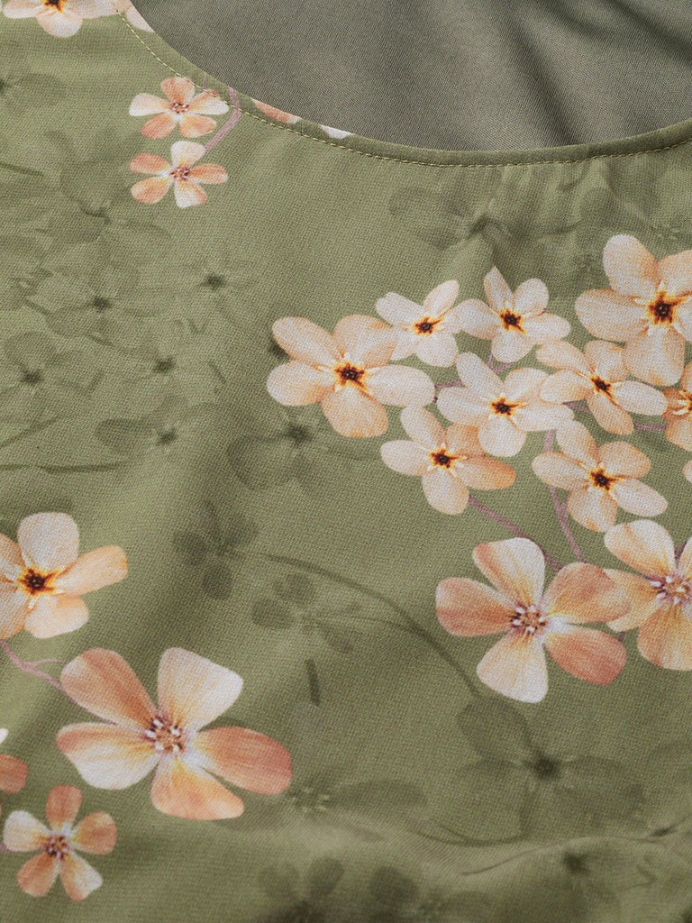 Women's Moss Green Floral Rouched Sleeves Crop Top