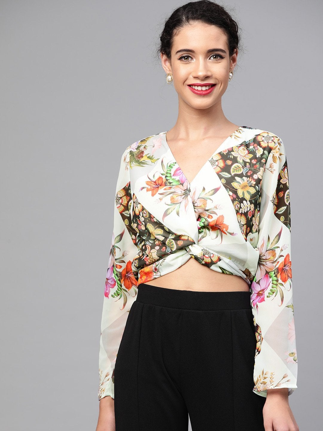 Women's Cream And Black Front Twisted Crop Top - SASSAFRAS