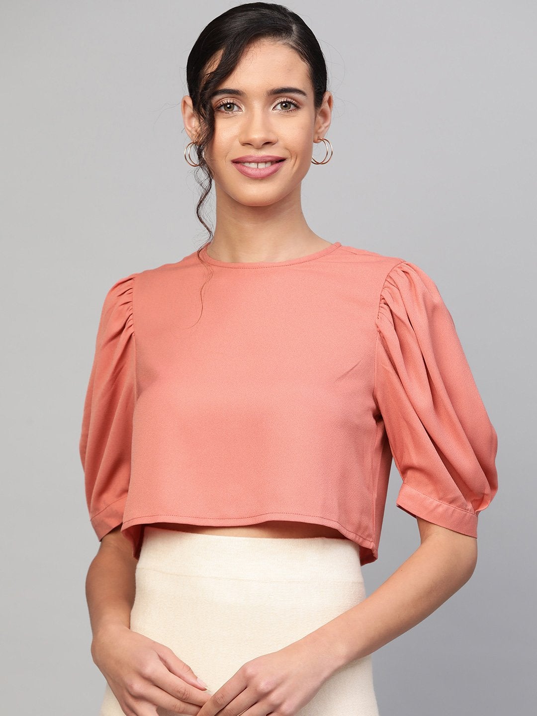 Women's Pink Gathered Sleeve Crop Top - SASSAFRAS