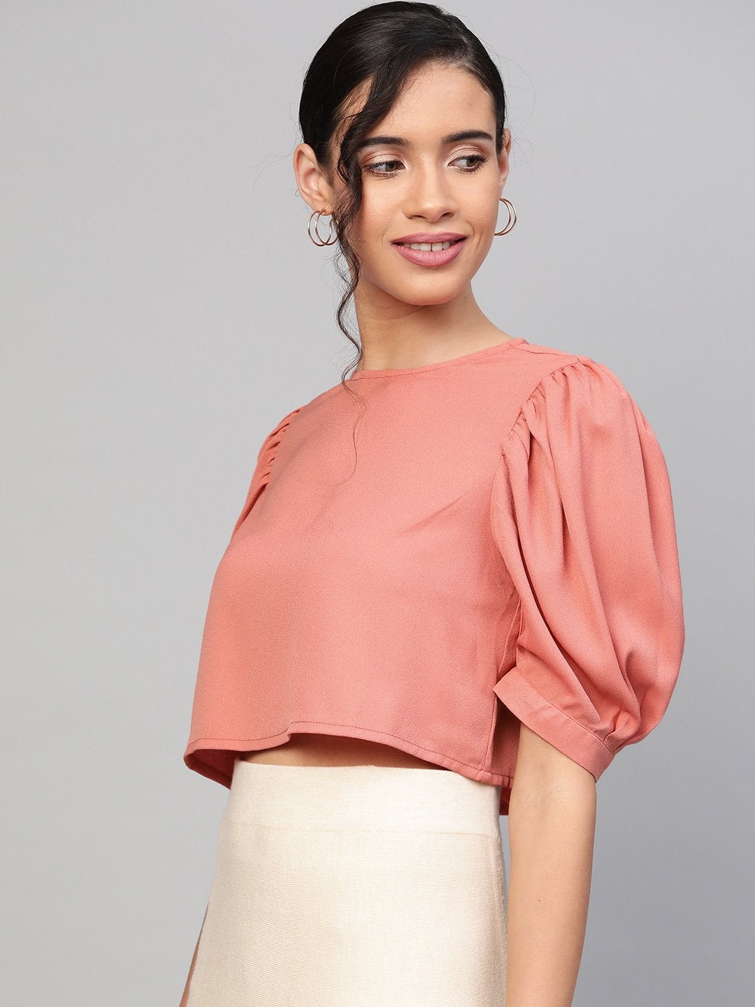 Women's Pink Gathered Sleeve Crop Top - SASSAFRAS