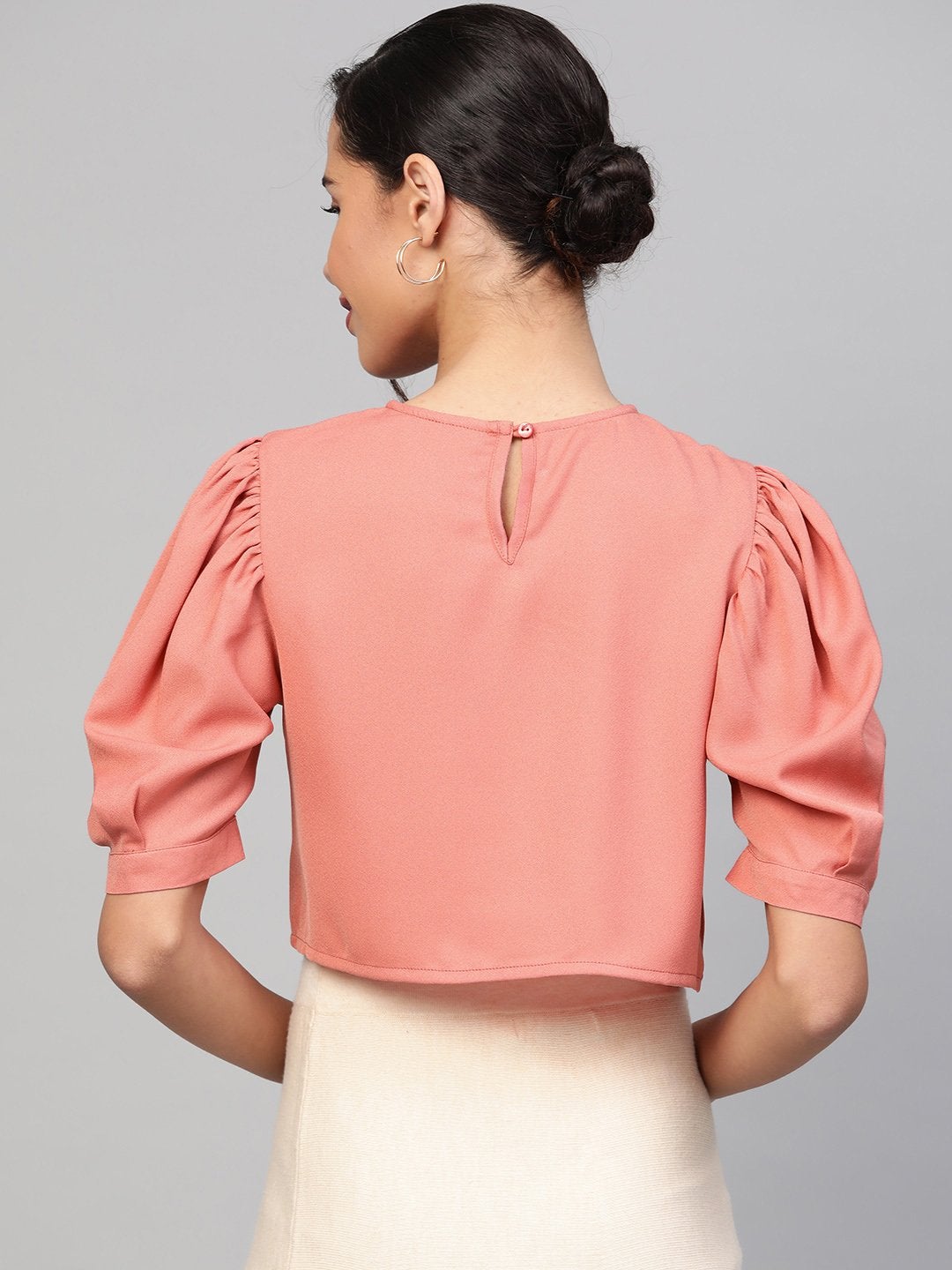 Women's Pink Gathered Sleeve Crop Top - SASSAFRAS