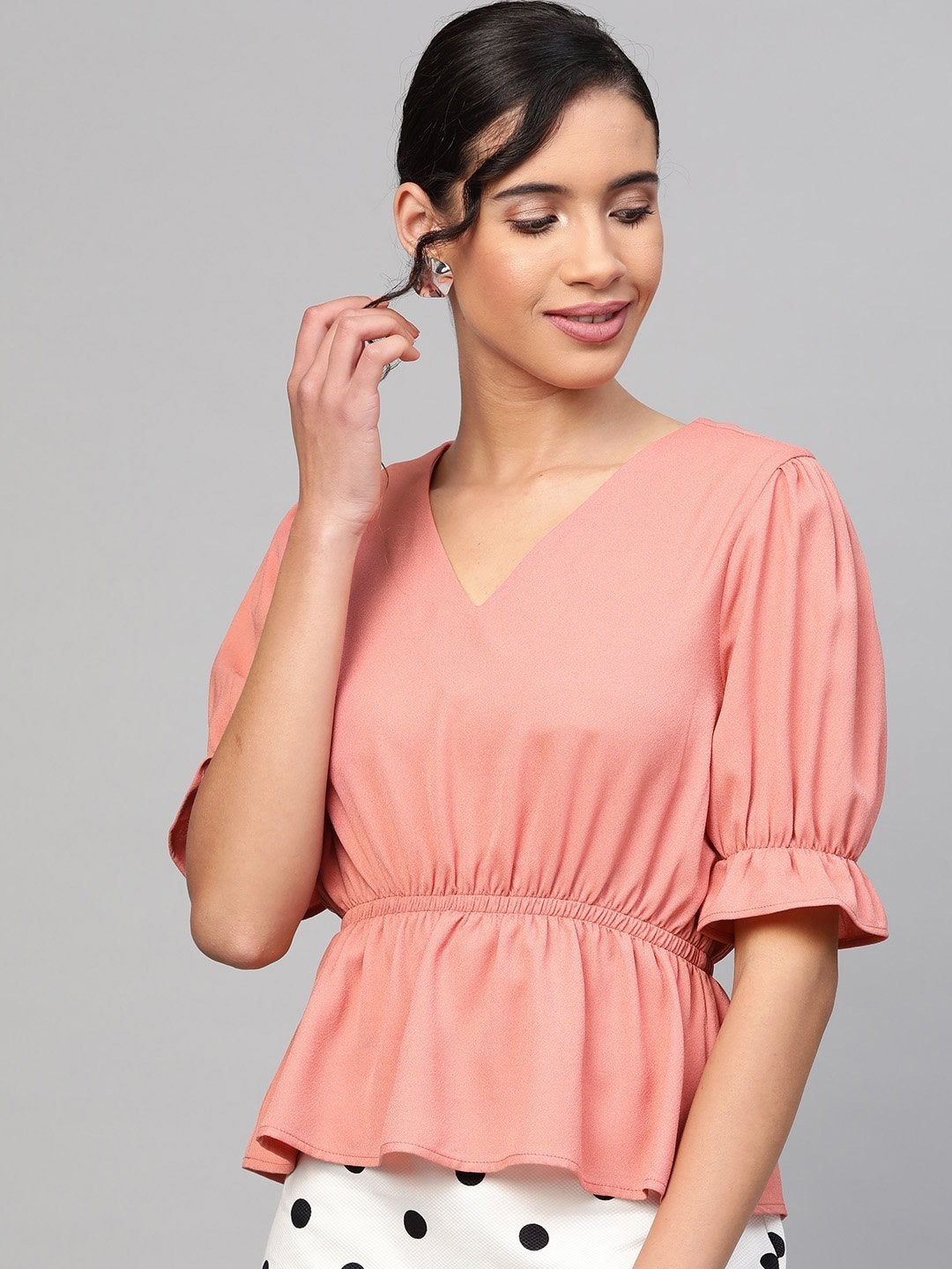 Women's Pink V-Neck Peplum Top - SASSAFRAS