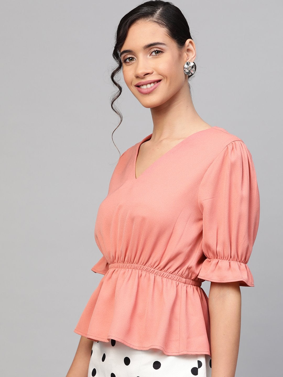 Women's Pink V-Neck Peplum Top - SASSAFRAS