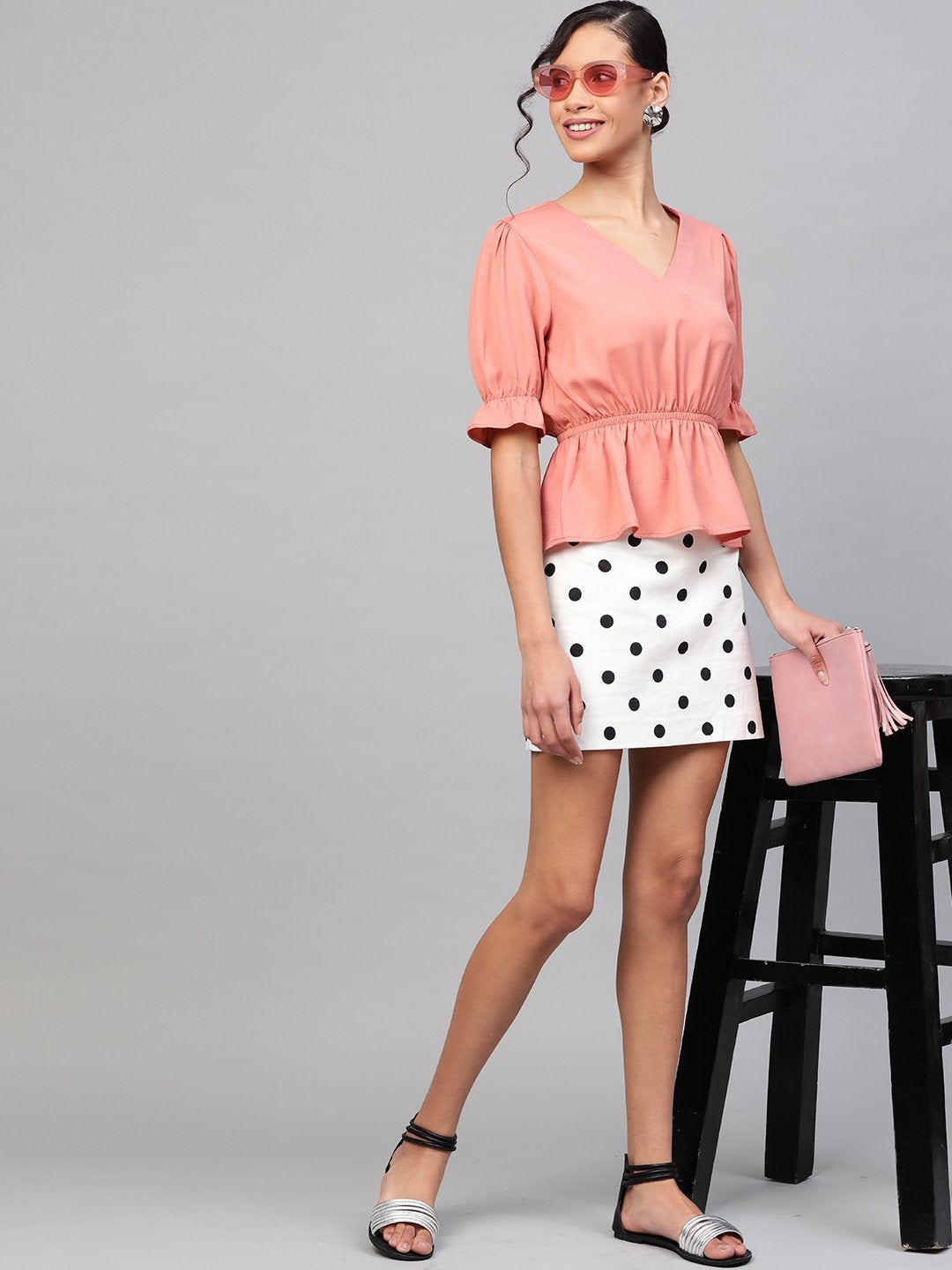 Women's Pink V-Neck Peplum Top - SASSAFRAS