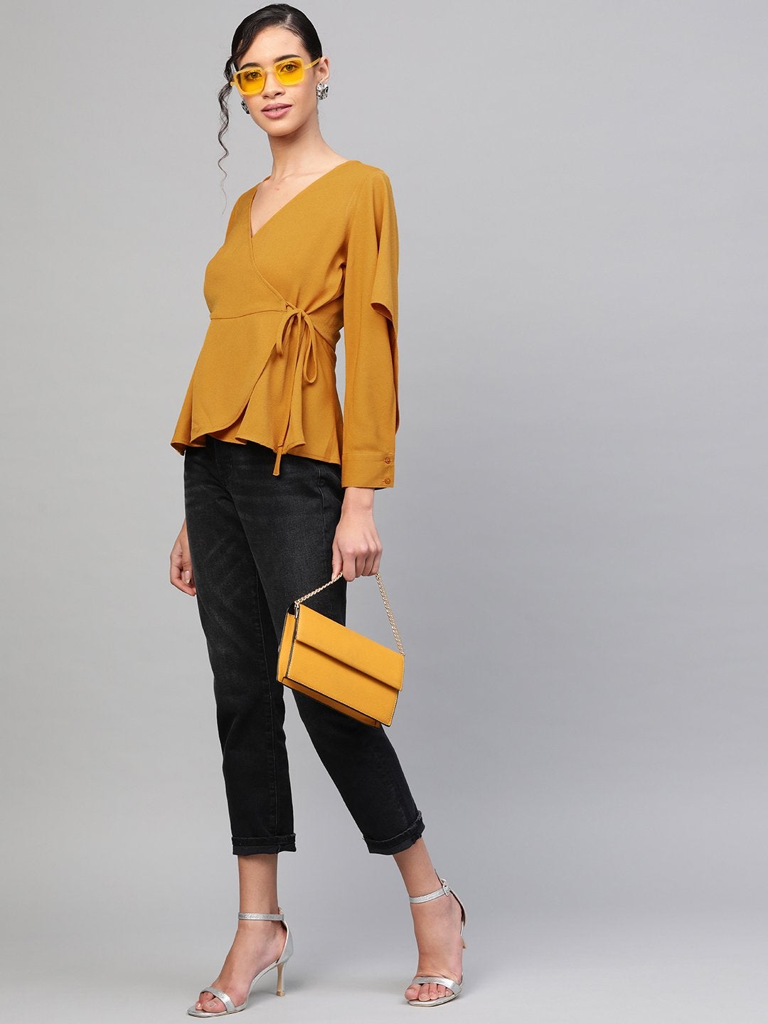 Women's Mustard Wrap Tie-Up Top - SASSAFRAS