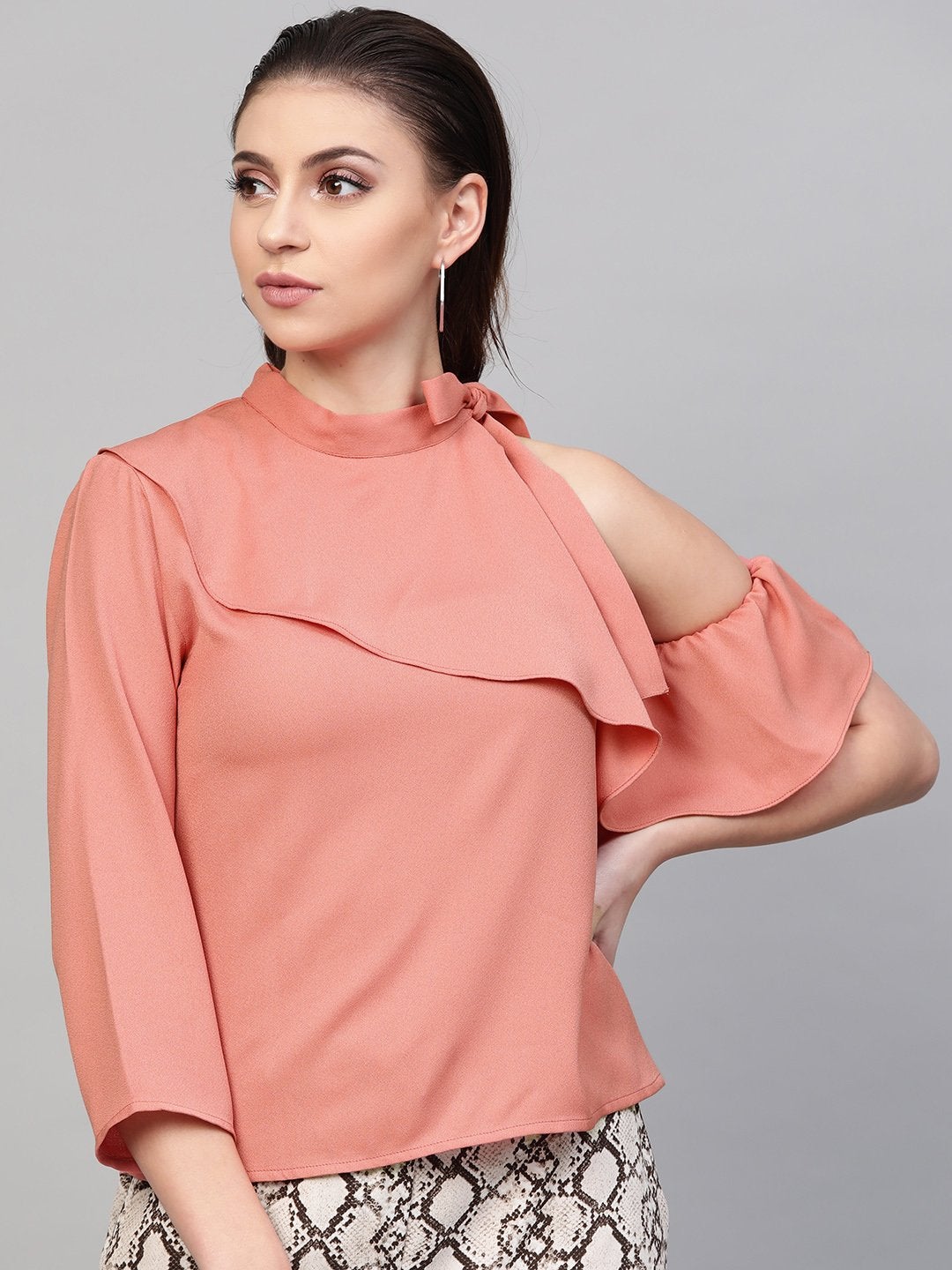 Women's Pink Neck Tie-Up Frill Top - SASSAFRAS