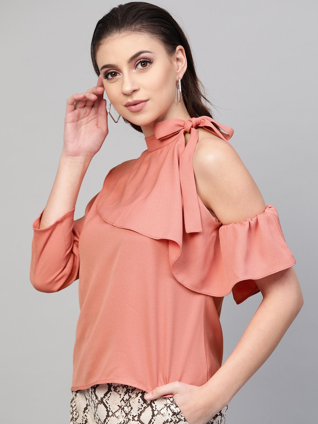 Women's Pink Neck Tie-Up Frill Top - SASSAFRAS