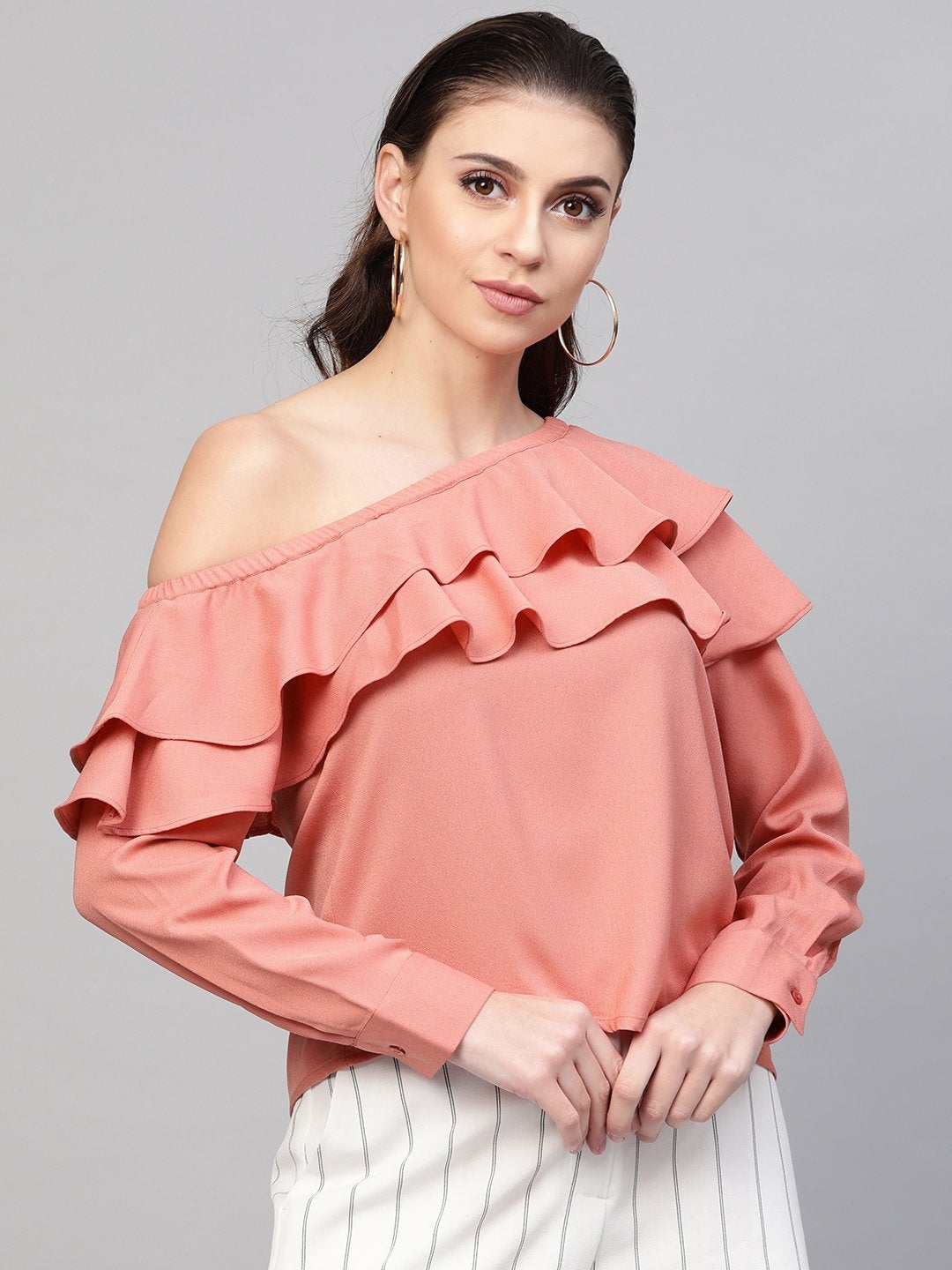 Women's Pink One Shoulder Ruffle Top - SASSAFRAS