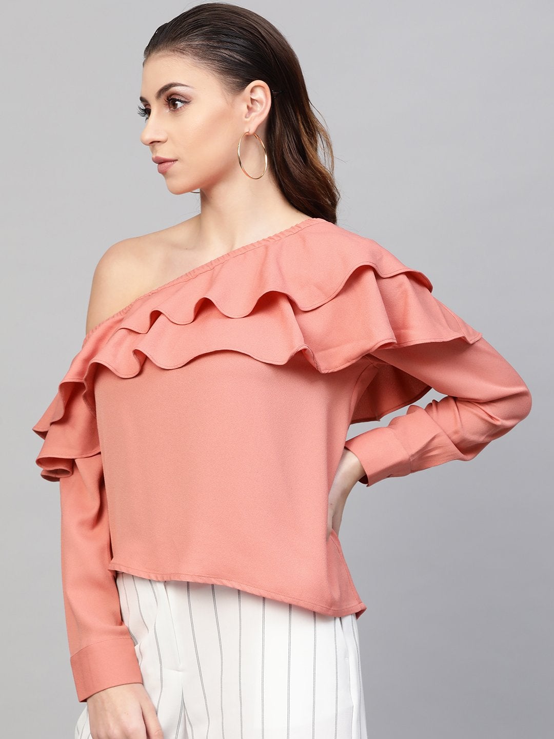 Women's Pink One Shoulder Ruffle Top - SASSAFRAS