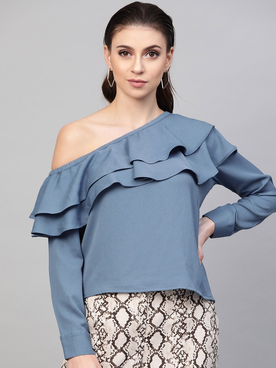 Women's Teal One Shoulder Ruffle Top - SASSAFRAS