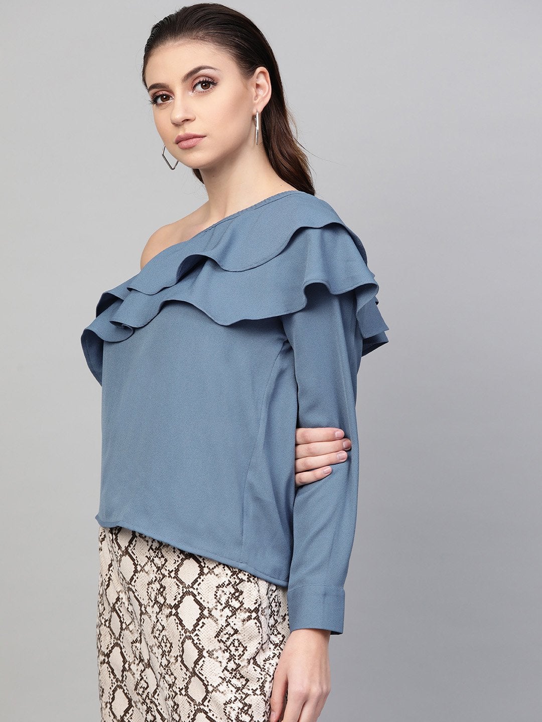 Women's Teal One Shoulder Ruffle Top - SASSAFRAS