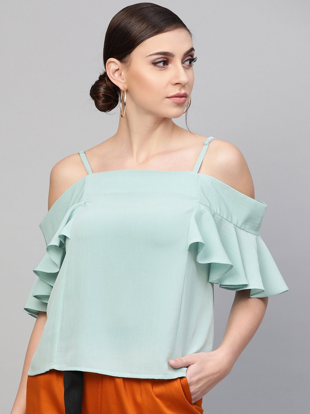 Women's Sea Green Strappy Cold Shoulder Top - SASSAFRAS