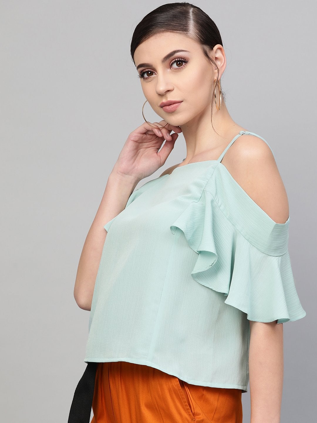 Women's Sea Green Strappy Cold Shoulder Top - SASSAFRAS