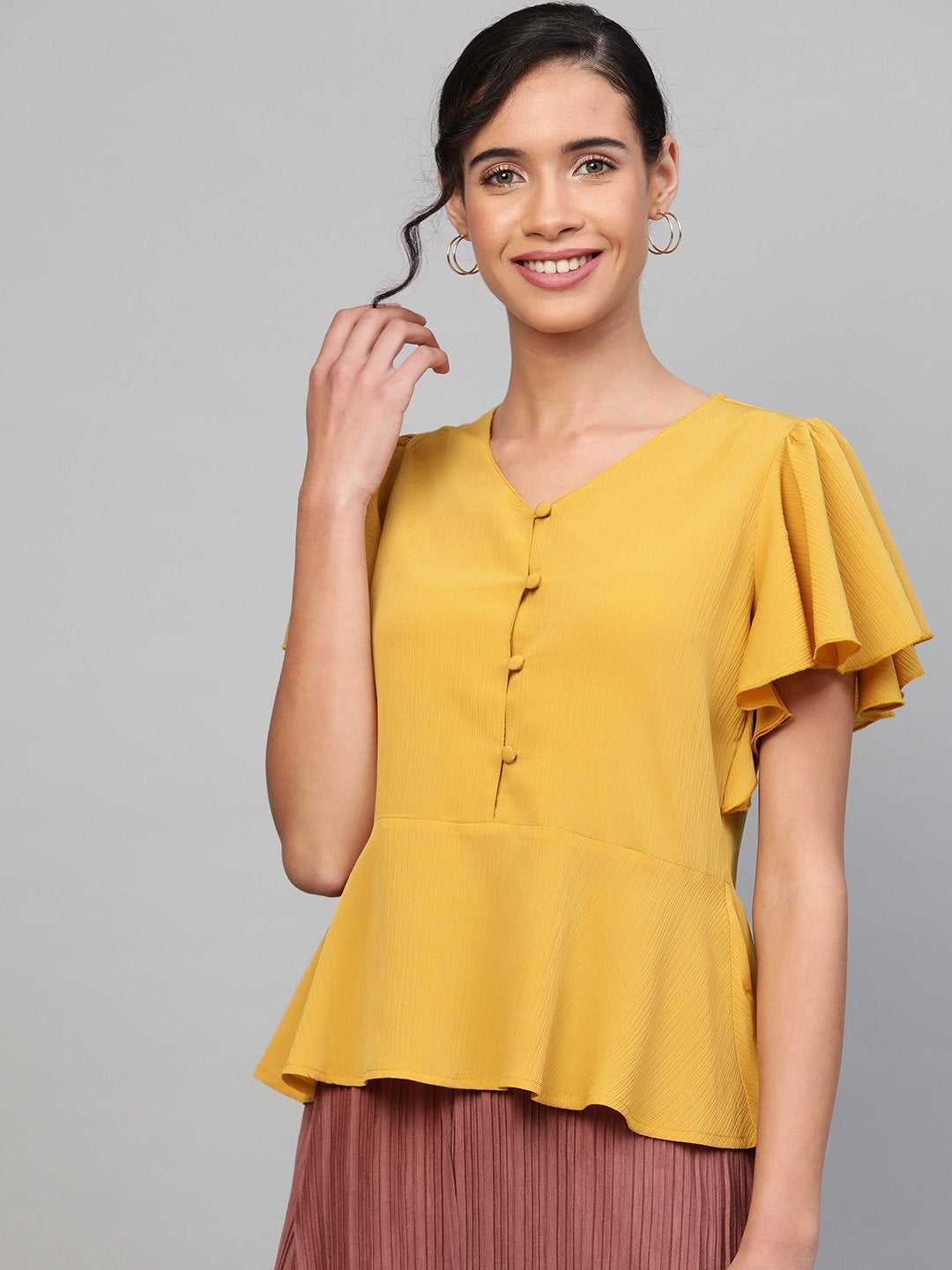 Women's Mustard Front Button Peplum Top - SASSAFRAS