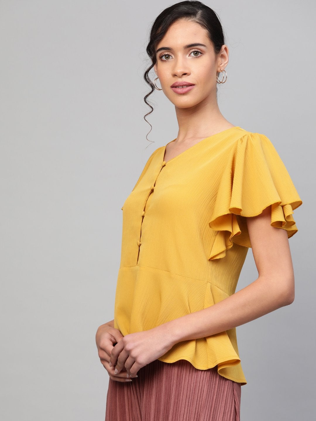 Women's Mustard Front Button Peplum Top - SASSAFRAS