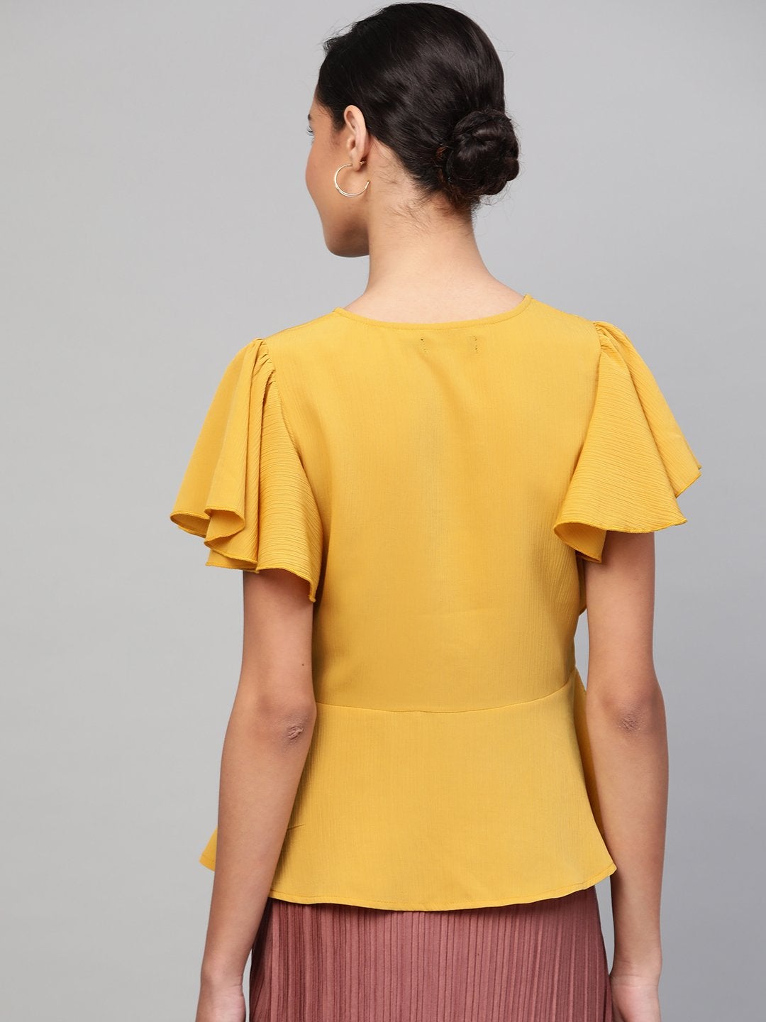 Women's Mustard Front Button Peplum Top - SASSAFRAS