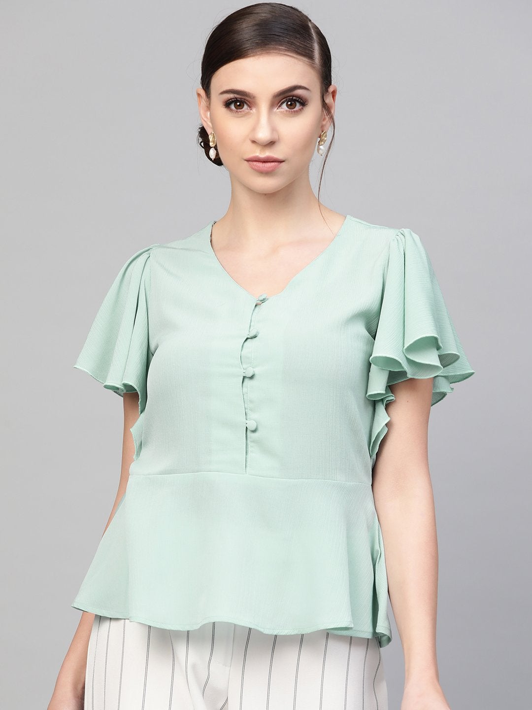 Women's Sea Green Front Button Peplum Top - SASSAFRAS