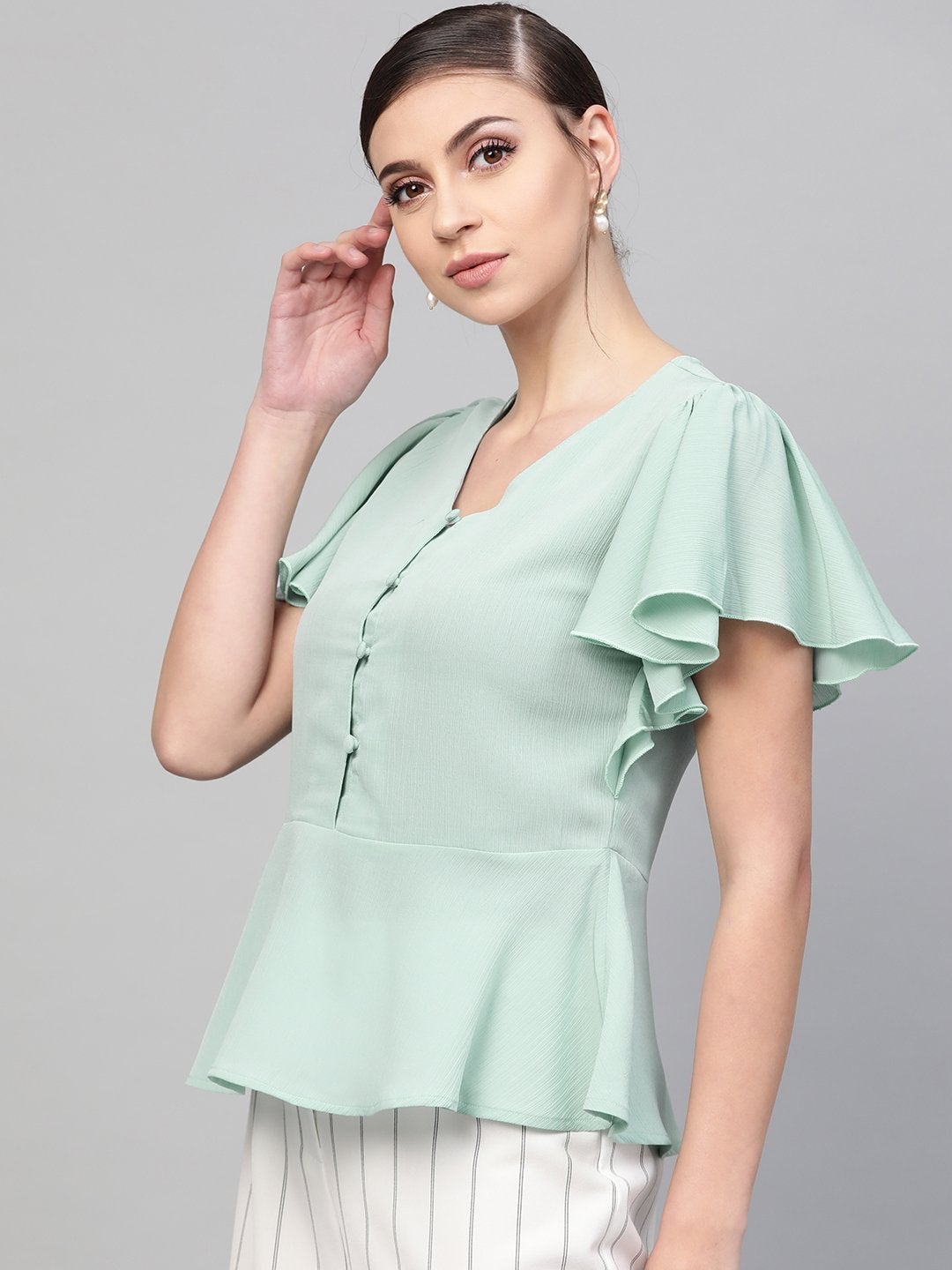 Women's Sea Green Front Button Peplum Top - SASSAFRAS