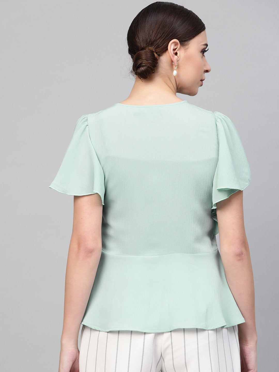 Women's Sea Green Front Button Peplum Top - SASSAFRAS