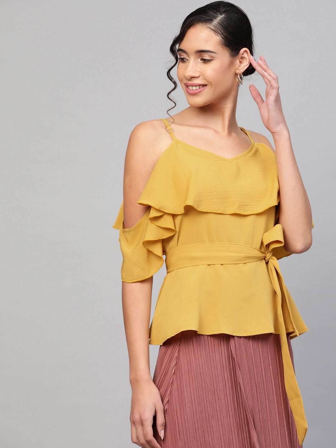 Women's Mustard Strappy Ruffle Top - SASSAFRAS