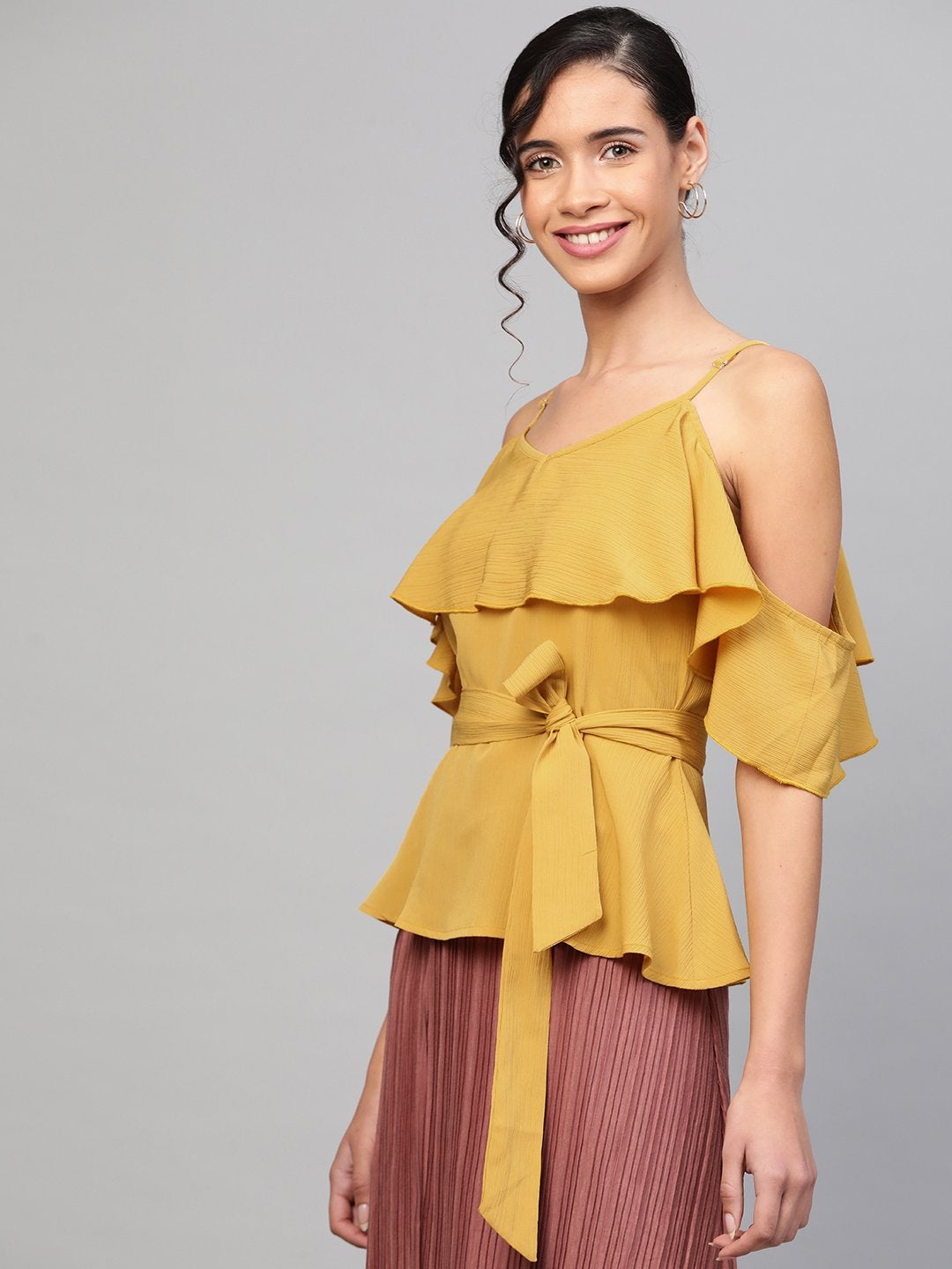 Women's Mustard Strappy Ruffle Top - SASSAFRAS