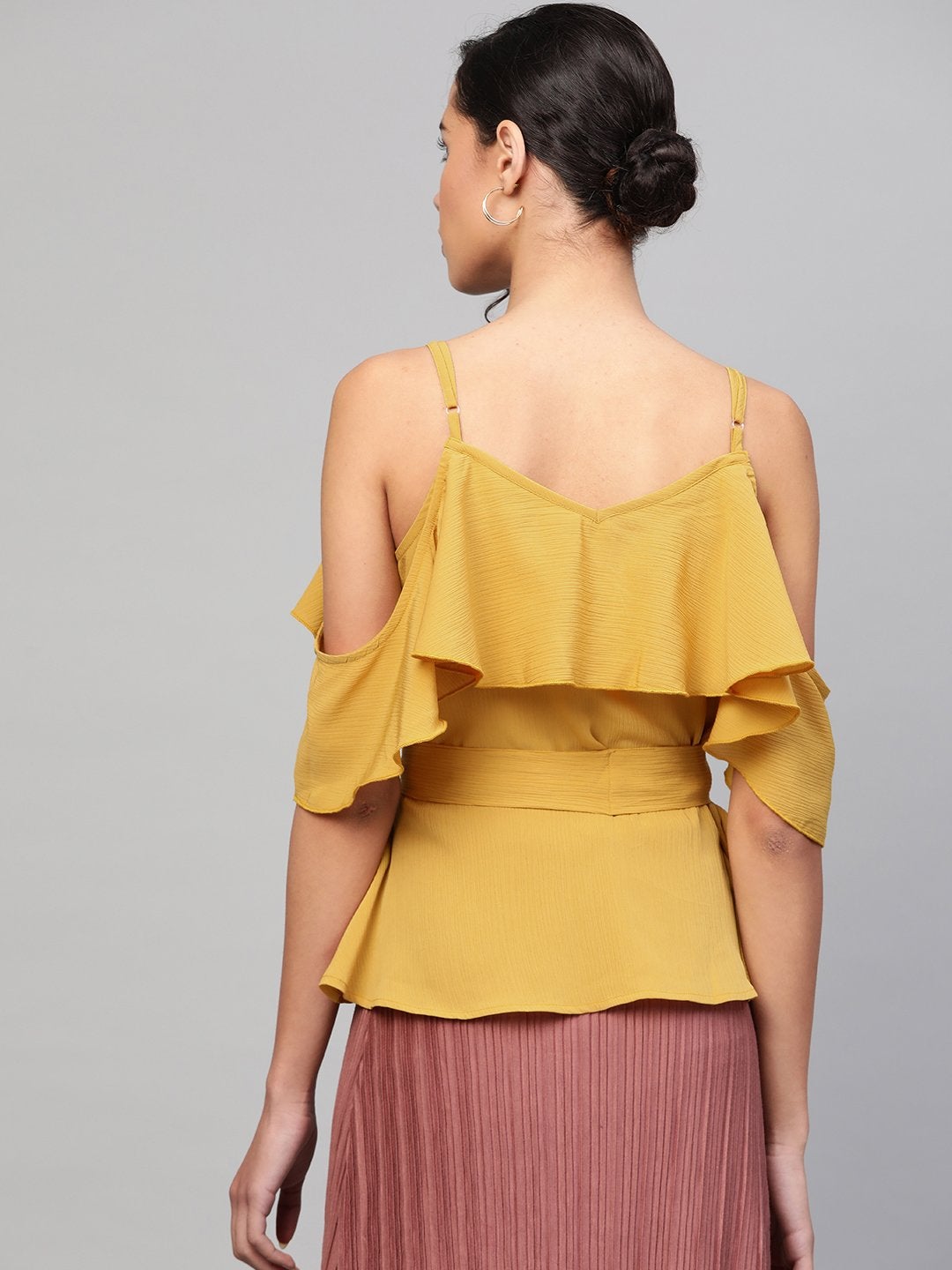 Women's Mustard Strappy Ruffle Top - SASSAFRAS