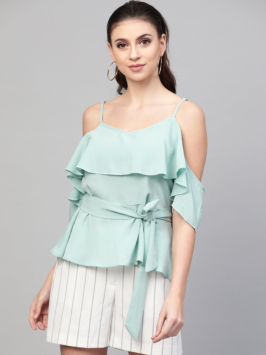 Women's Sea Green Strappy Ruffle Top - SASSAFRAS