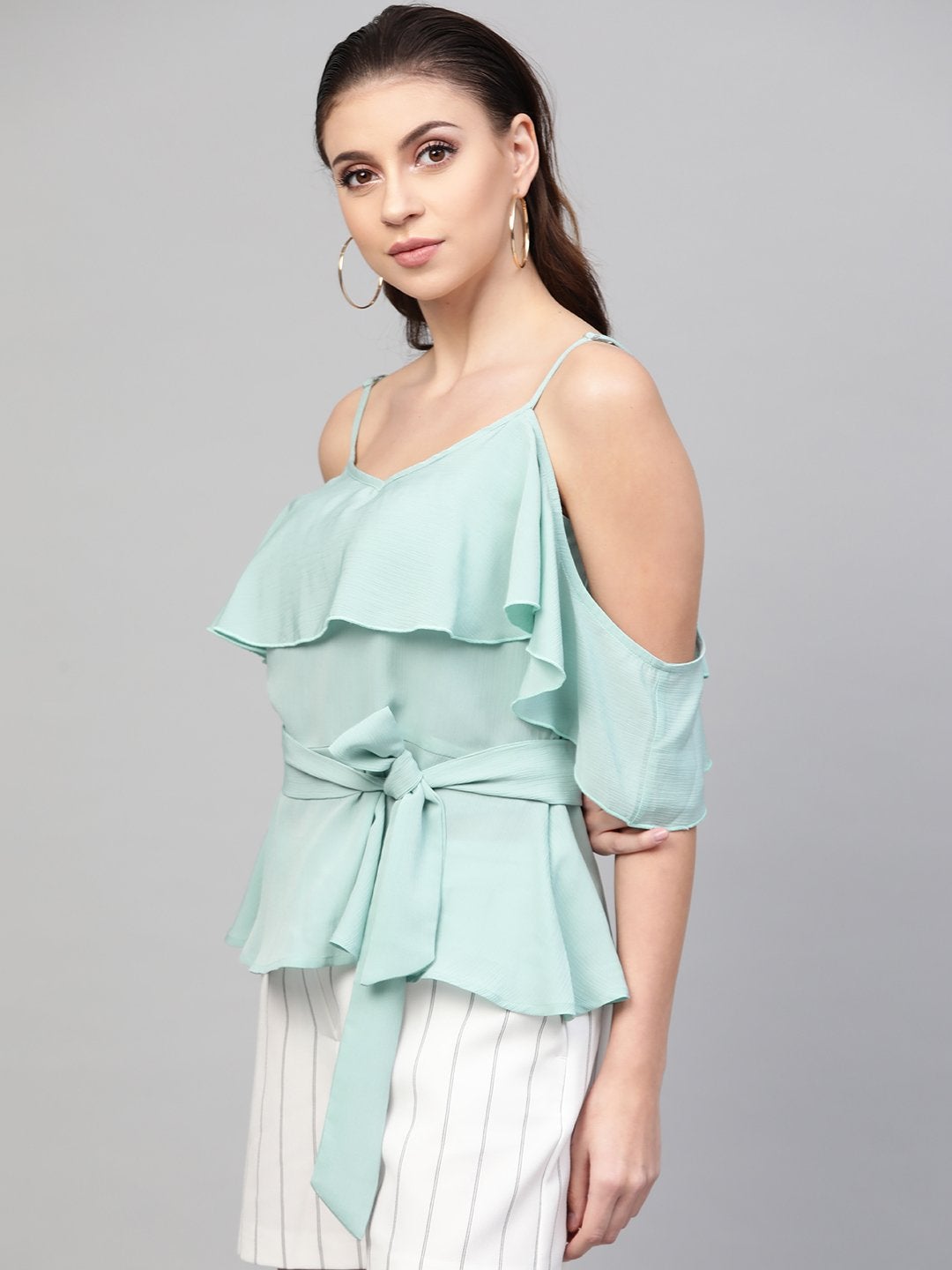 Women's Sea Green Strappy Ruffle Top - SASSAFRAS