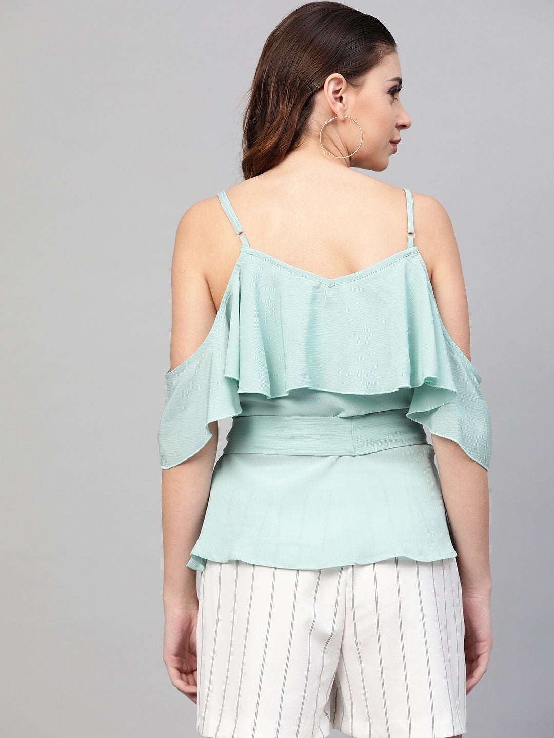 Women's Sea Green Strappy Ruffle Top - SASSAFRAS