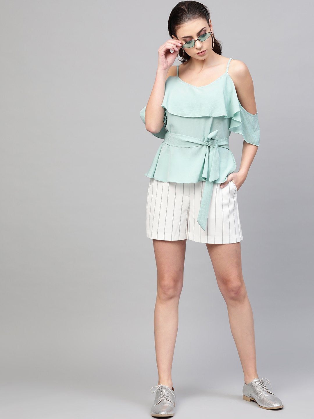 Women's Sea Green Strappy Ruffle Top - SASSAFRAS