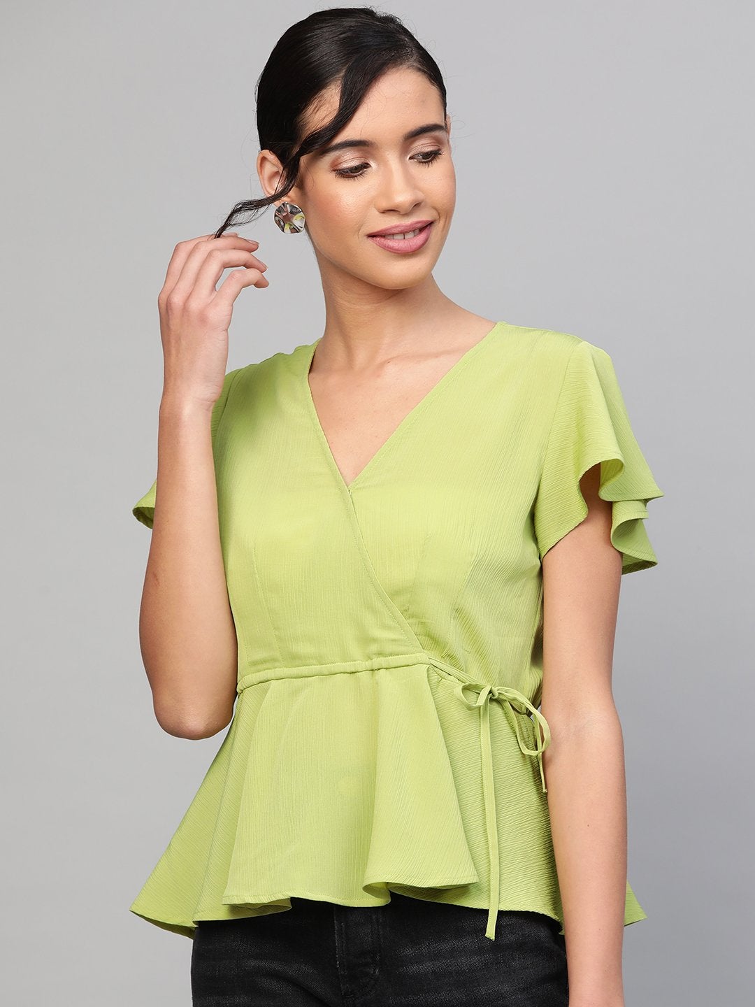 Women's Mint Green Wrap Peplum Top - SASSAFRAS