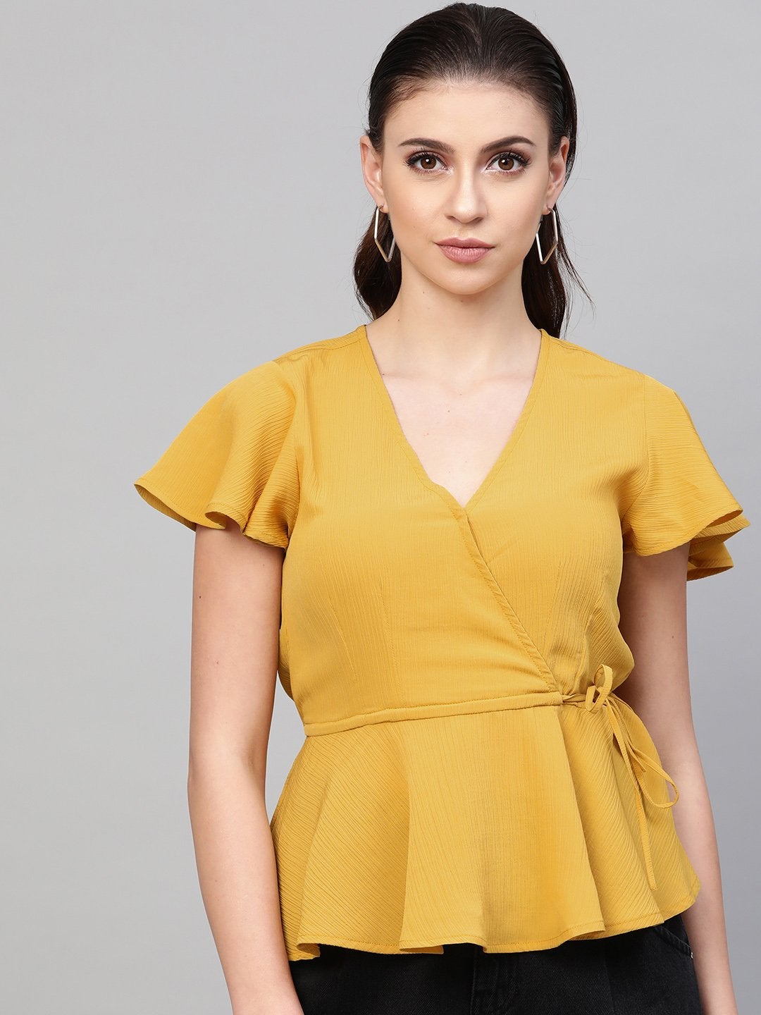 Women's Mustard Wrap Peplum Top - SASSAFRAS