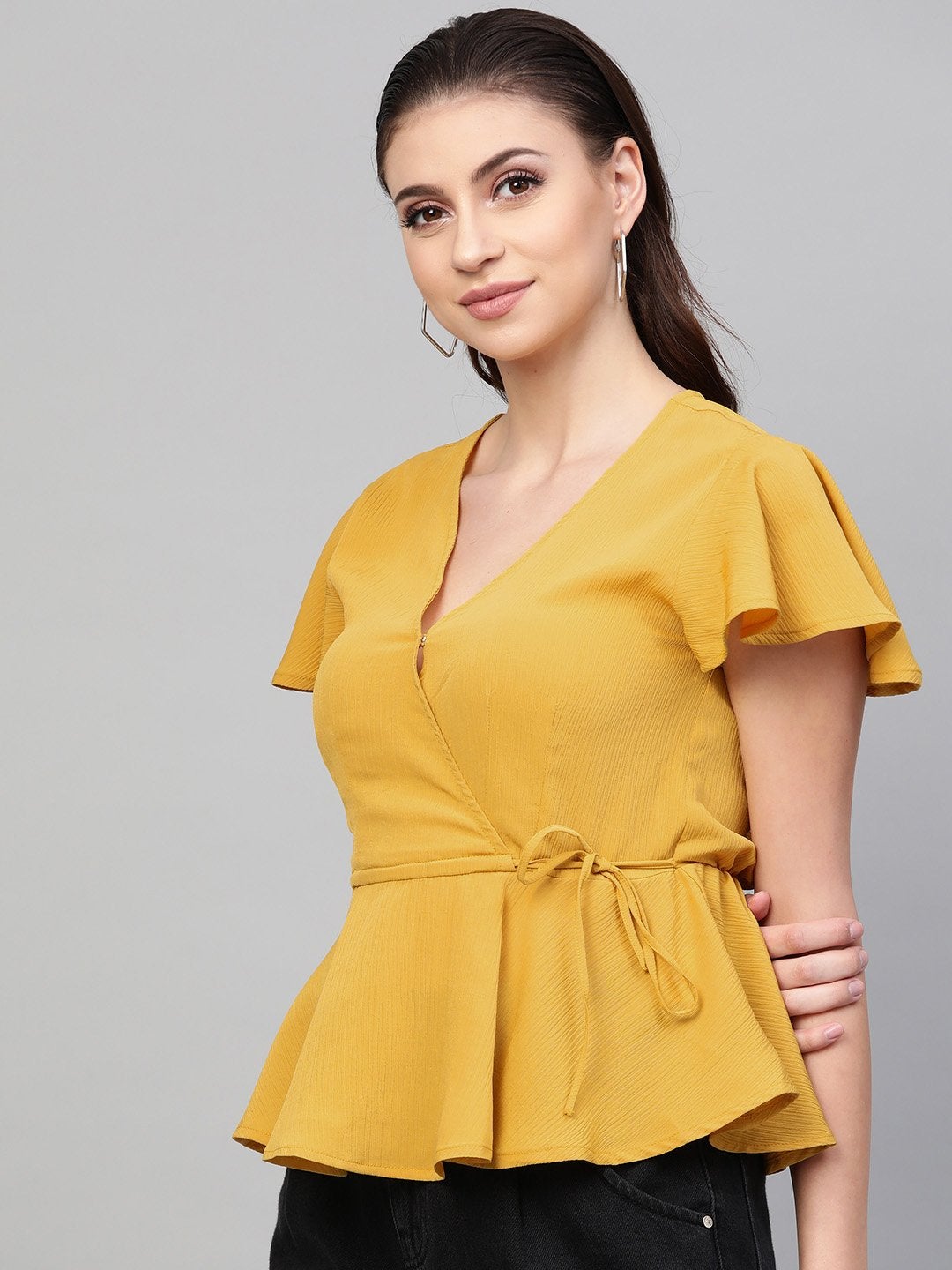 Women's Mustard Wrap Peplum Top - SASSAFRAS