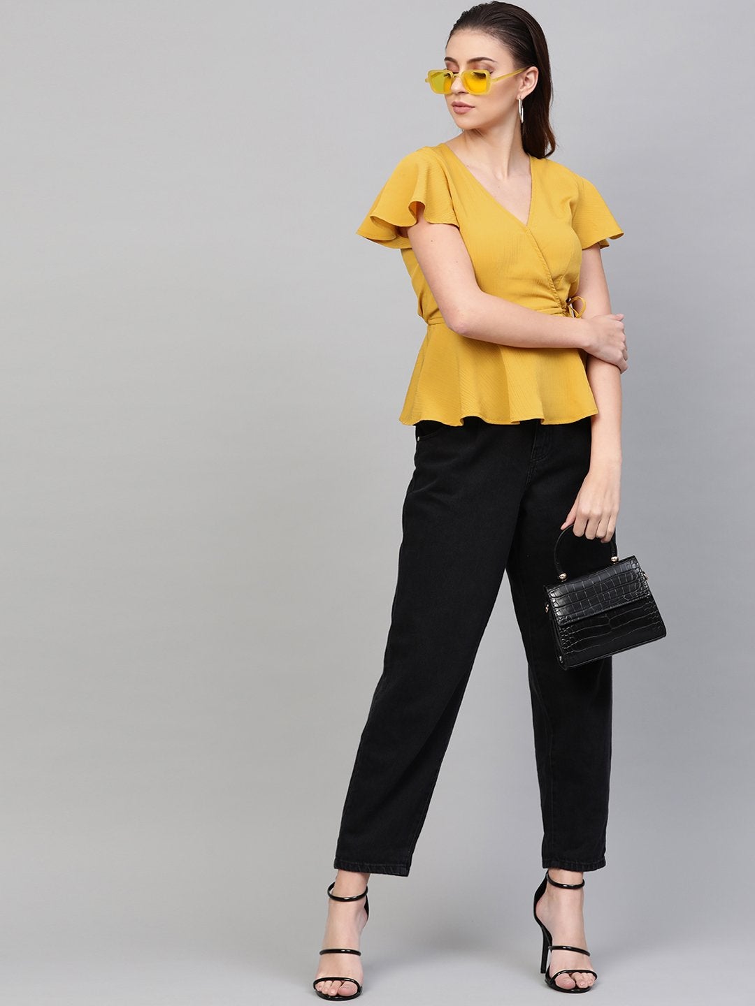 Women's Mustard Wrap Peplum Top - SASSAFRAS