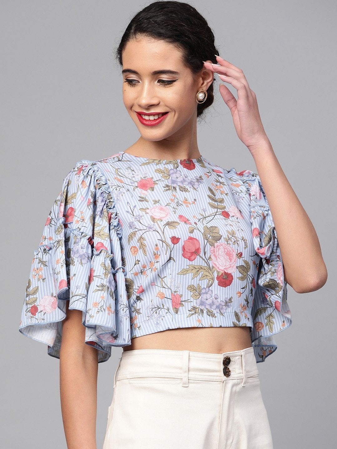 Women's Blue Striped Floral Flare Sleeve Crop Top - SASSAFRAS