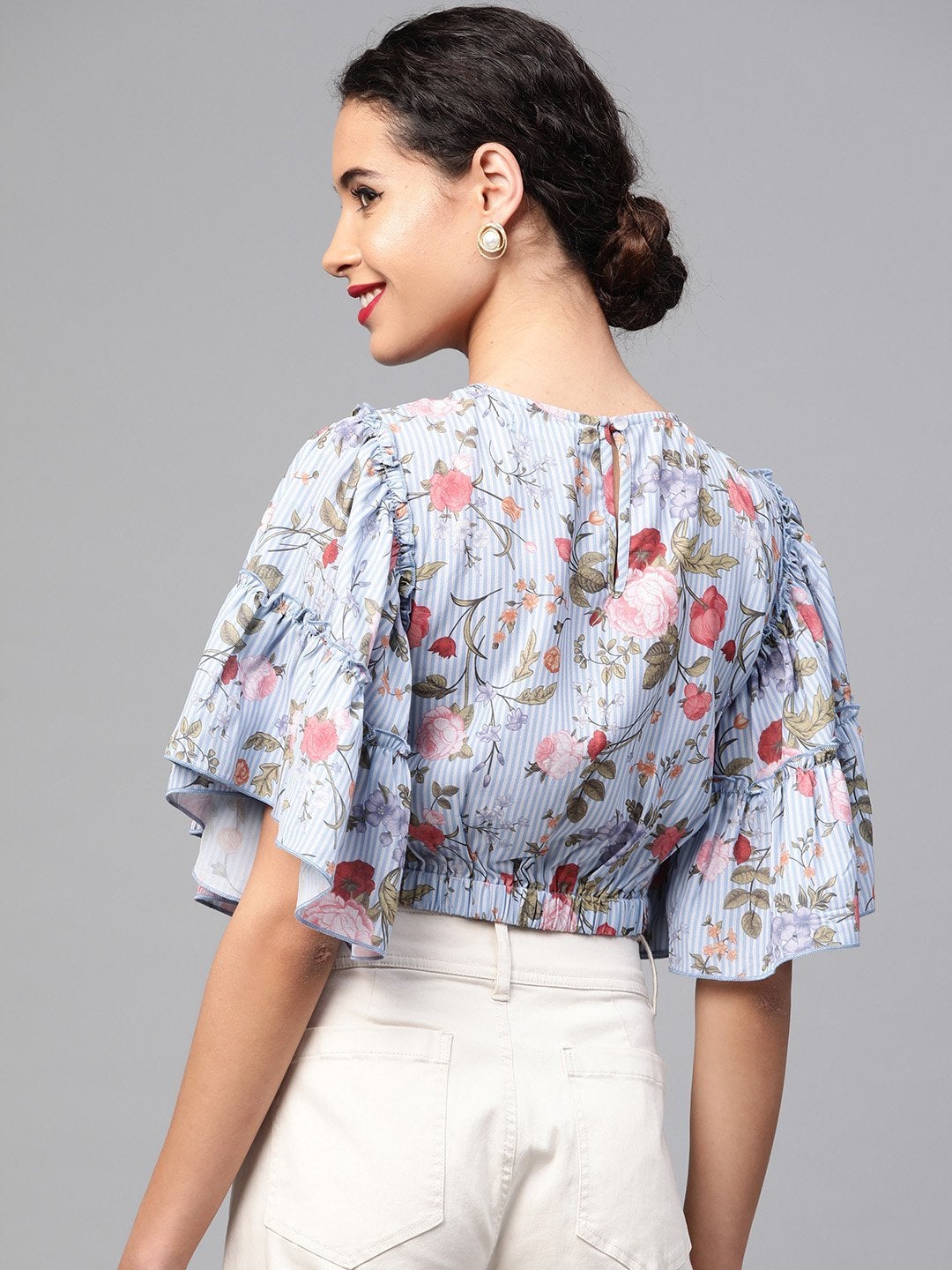 Women's Blue Striped Floral Flare Sleeve Crop Top - SASSAFRAS