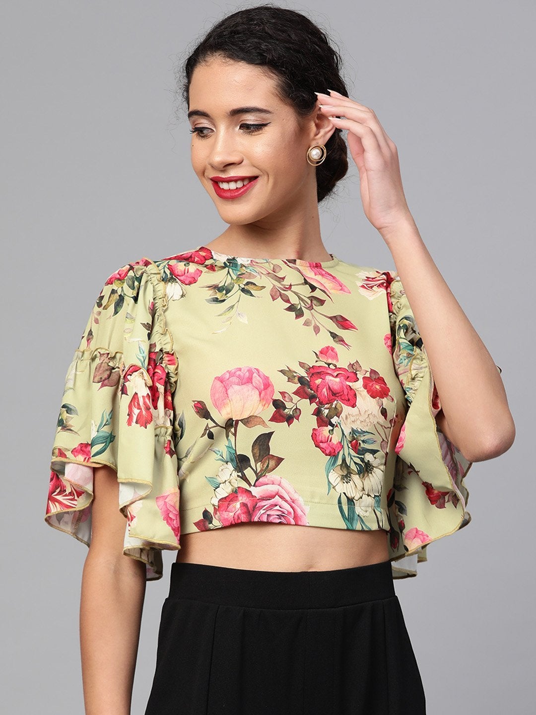 Women's Green Floral Flare Sleeve Crop Top - SASSAFRAS