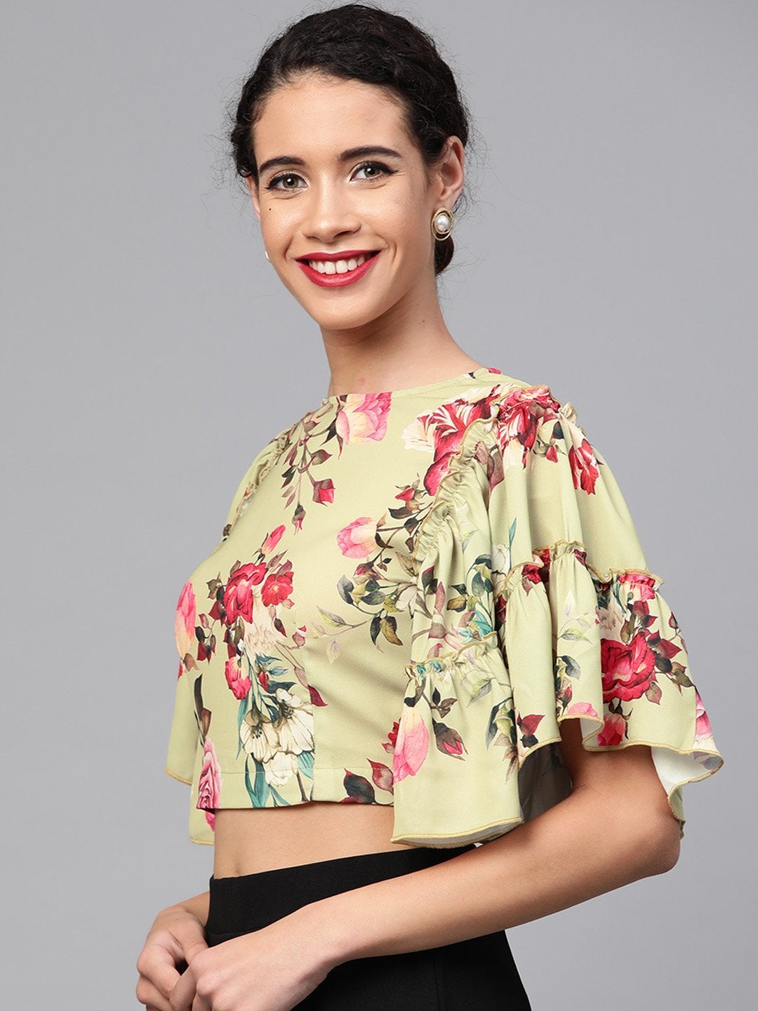 Women's Green Floral Flare Sleeve Crop Top - SASSAFRAS