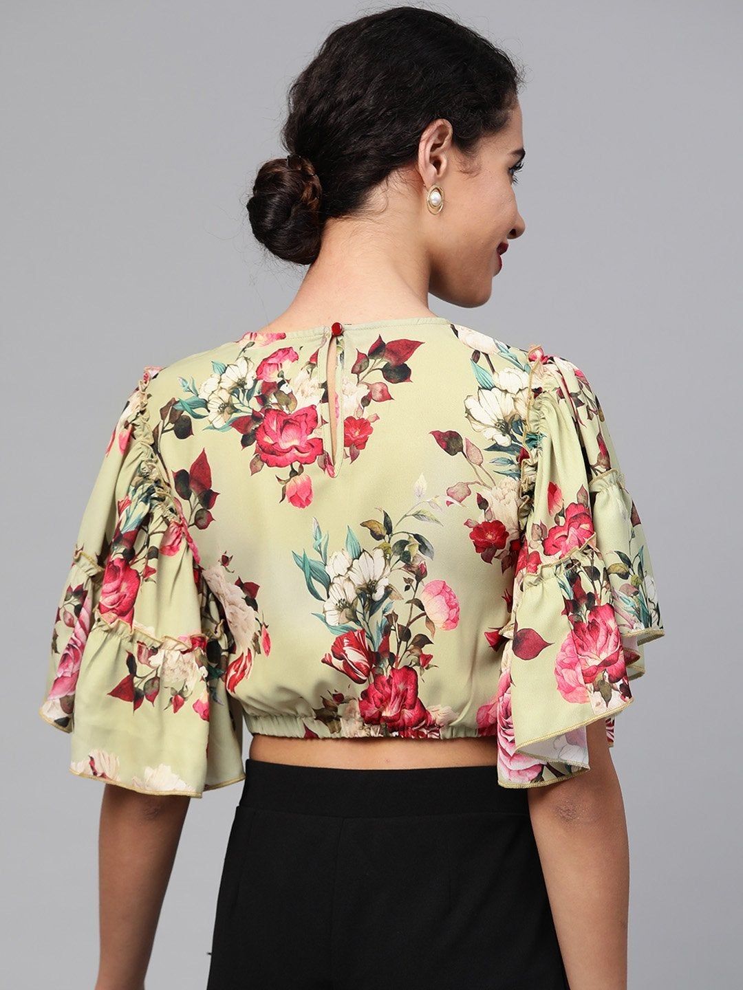 Women's Green Floral Flare Sleeve Crop Top - SASSAFRAS