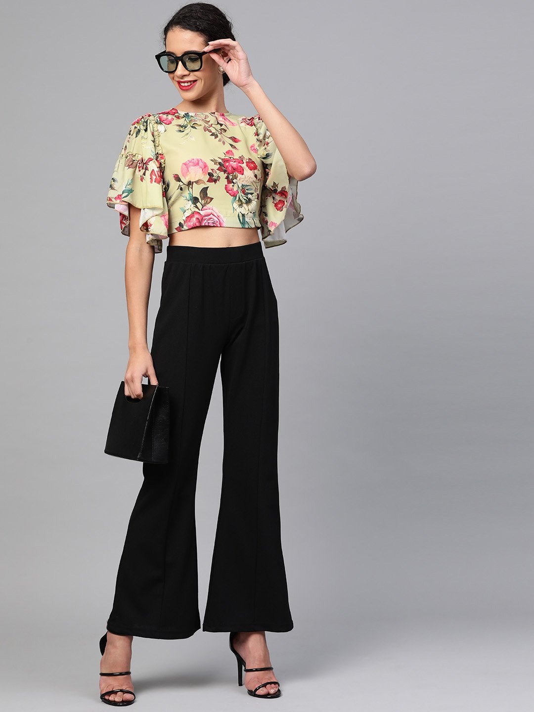 Women's Green Floral Flare Sleeve Crop Top - SASSAFRAS