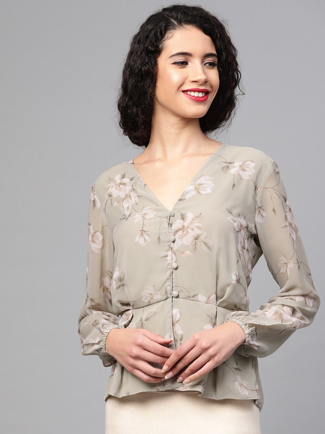 Women's Olive Floral Peplum Top