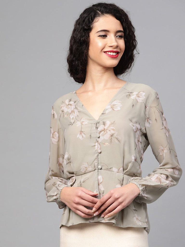 Women's Olive Floral Peplum Top