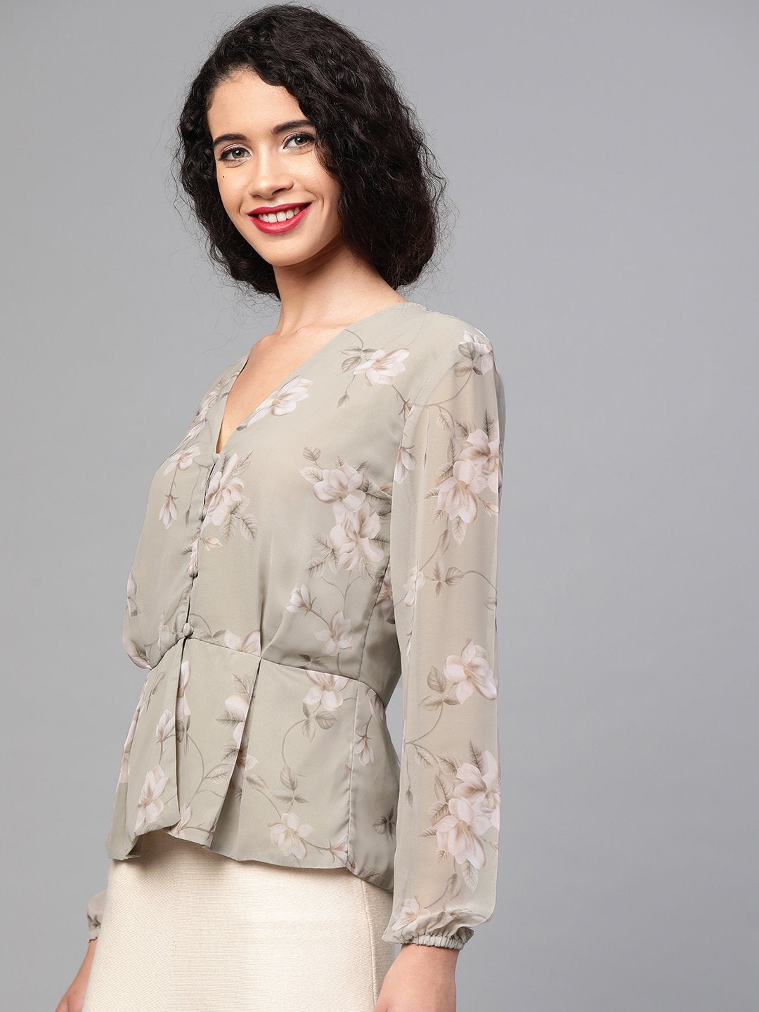 Women's Olive Floral Peplum Top - SASSAFRAS