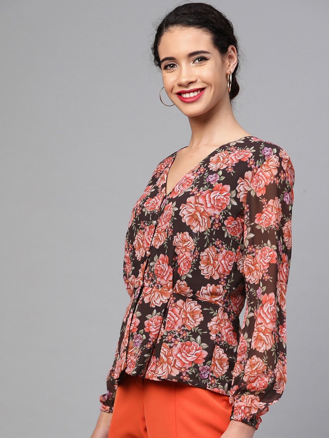 Women's Black Floral Peplum Top - SASSAFRAS