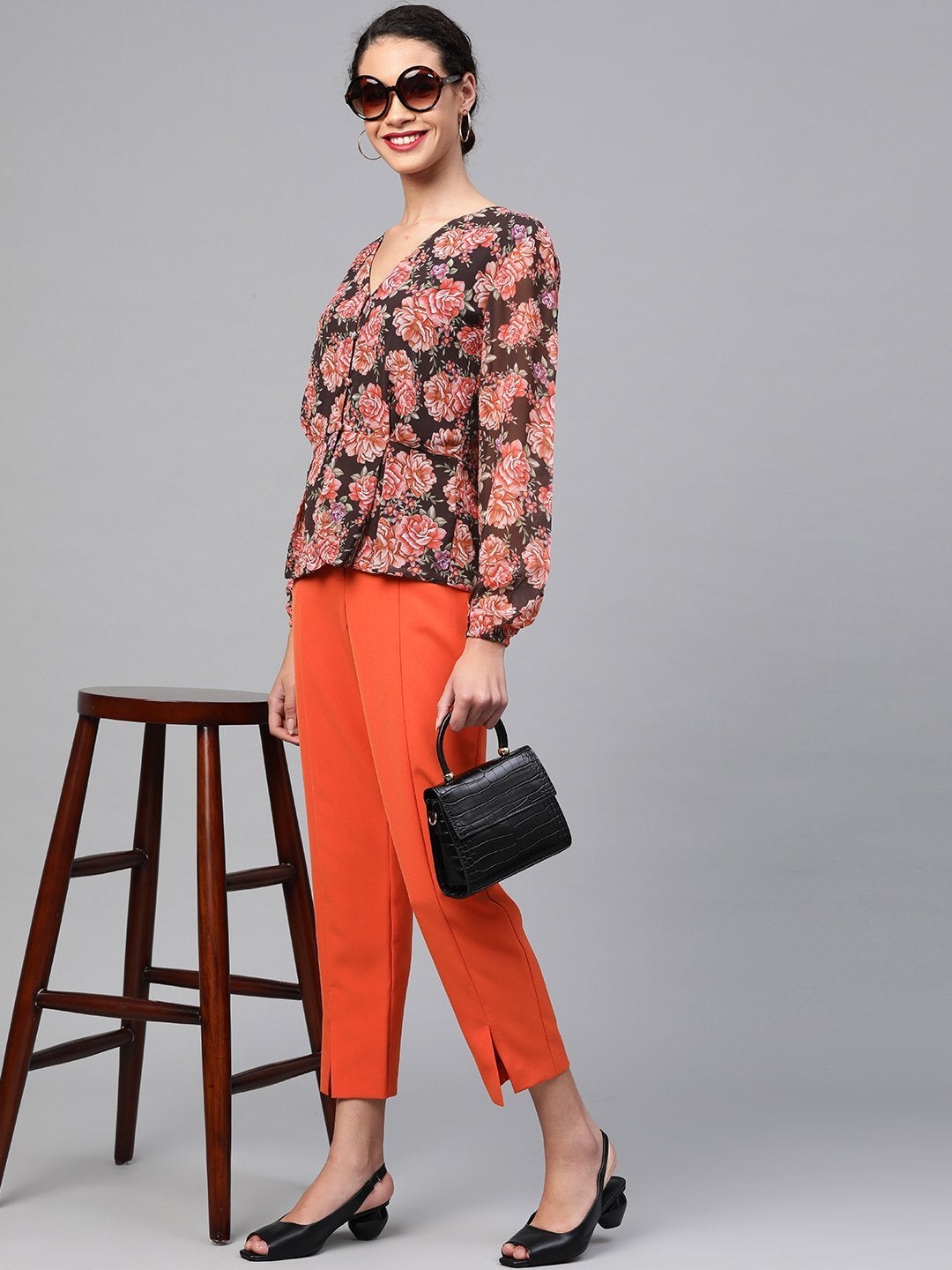 Women's Black Floral Peplum Top - SASSAFRAS